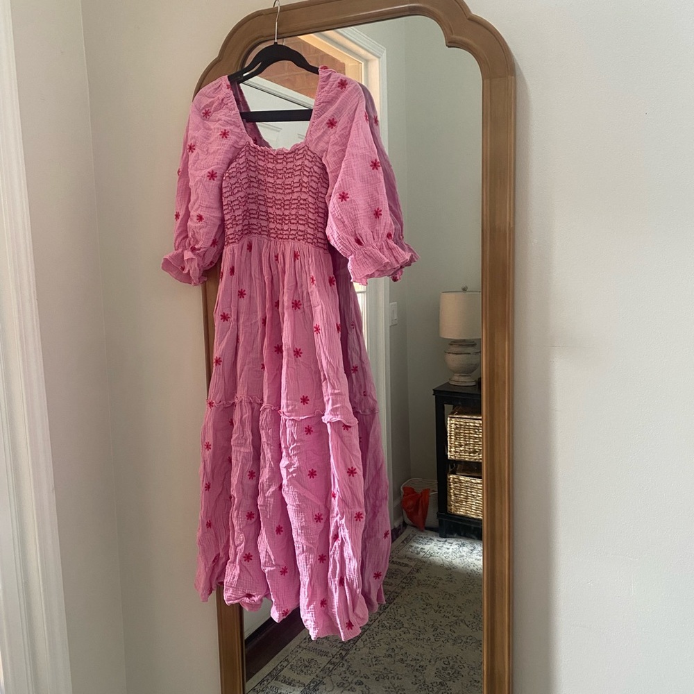 Pink Floral Ruched Midi Dress
